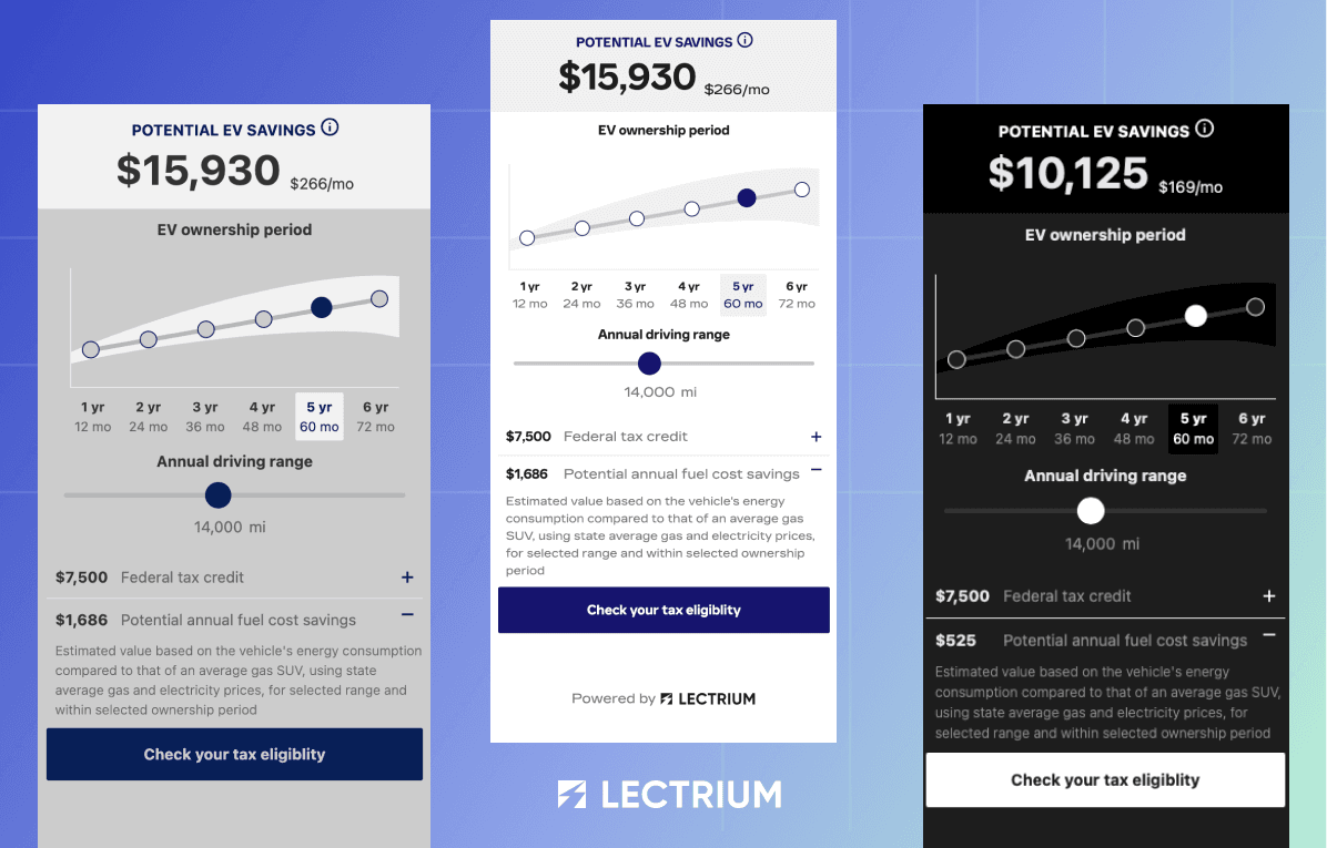 Three variations of Lectrium's Dealer Themes on the EV Savings Badge 